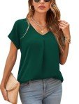 YOPP Work Blouse for Women Summer Casual V Neck Short Sleeve Shirts Loose Elegant Chiffon Tops,Dark Green,XL
