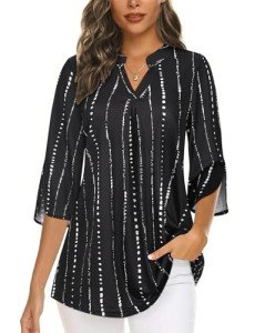 Zamowoty Plus Size Blouses for Women Business Attire Clothes Chiffon Work Tops Office Fashion Split V Neck Linen Blouse for Formal Wear Spring Fall Casual Loose Tunics Shirts Black Stripe XX-Large