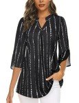 Zamowoty Plus Size Blouses for Women Business Attire Clothes Chiffon Work Tops Office Fashion Split V Neck Linen Blouse for Formal Wear Spring Fall Casual Loose Tunics Shirts Black Stripe XX-Large