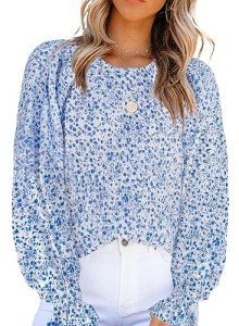 CHICZONE Women Shirt Plus Size Boho Tops Ladies Long Puff Sleeve Blouse Fall Winter Crew Neck Preppy Flowy Business Casual Loose Cute Blouses Blue XX-Large