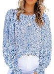 CHICZONE Women Shirt Plus Size Boho Tops Ladies Long Puff Sleeve Blouse Fall Winter Crew Neck Preppy Flowy Business Casual Loose Cute Blouses Blue XX-Large