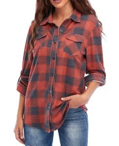 Oyamiki Shakets Women Long Sleeve Boyfriend Button Down Plaid Flannel Shirt Going Out Tops