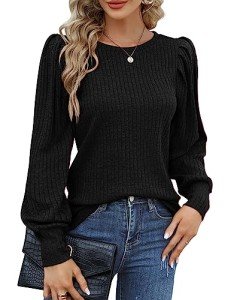 Hotouch Womens Cute Puff Long Sleeve Blouses Round Neck Lightweight Shirt Tops Elegant Knitted Blouses Black M