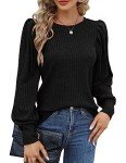 Hotouch Womens Cute Puff Long Sleeve Blouses Round Neck Lightweight Shirt Tops Elegant Knitted Blouses Black M