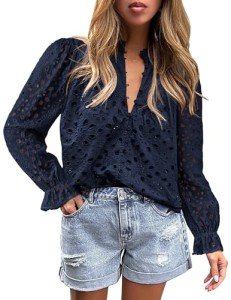 PRETTYGARDEN Women's Dressy Casual Blouse Tops Fall Puff Long Sleeve Button V Neck Hollow Out Lace Embroidered Shirts (Navy,Large)