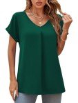 YOPP Work Blouse for Women Summer Casual V Neck Short Sleeve Shirts Loose Elegant Chiffon Tops,Dark Green,XL