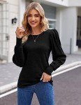 Hotouch Womens Cute Puff Long Sleeve Blouses Round Neck Lightweight Shirt Tops Elegant Knitted Blouses Black M