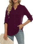 RANPHEE 3/4 Sleeve Shirts for Women Fall Deep Purple V Neck Dressy Casual Henley Tunic Tops Loose Fall Work Blouses XL