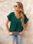 YOPP Work Blouse for Women Summer Casual V Neck Short Sleeve Shirts Loose Elegant Chiffon Tops,Dark Green,XL