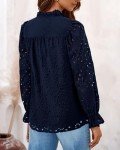 PRETTYGARDEN Women's Dressy Casual Blouse Tops Fall Puff Long Sleeve Button V Neck Hollow Out Lace Embroidered Shirts (Navy,Large)