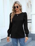 Hotouch Womens Cute Puff Long Sleeve Blouses Round Neck Lightweight Shirt Tops Elegant Knitted Blouses Black M