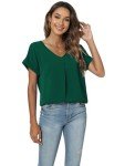 YOPP Work Blouse for Women Summer Casual V Neck Short Sleeve Shirts Loose Elegant Chiffon Tops,Dark Green,XL