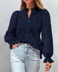 PRETTYGARDEN Women's Dressy Casual Blouse Tops Fall Puff Long Sleeve Button V Neck Hollow Out Lace Embroidered Shirts (Navy,Large)