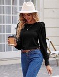 Hotouch Womens Cute Puff Long Sleeve Blouses Round Neck Lightweight Shirt Tops Elegant Knitted Blouses Black M