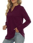 RANPHEE 3/4 Sleeve Shirts for Women Fall Deep Purple V Neck Dressy Casual Henley Tunic Tops Loose Fall Work Blouses XL