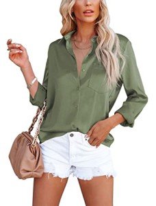 OMSJ Women's Satin Button Down Shirt V Neck Long Sleeve Casual Work Blouse Tops with Pocket (S, Army Green)