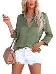 OMSJ Women's Satin Button Down Shirt V Neck Long Sleeve Casual Work Blouse Tops with Pocket (S, Army Green)