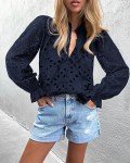 PRETTYGARDEN Women's Dressy Casual Blouse Tops Fall Puff Long Sleeve Button V Neck Hollow Out Lace Embroidered Shirts (Navy,Large)