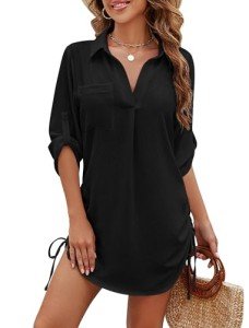 Women’s Drawstring Beach Cover-Up Dress in Black
