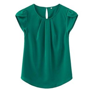 TASAMO Women's Blouses Casual Cap Sleeves Front Pleated Round Neck Keyhole Back Chiffon Dressy Top(Large, Dark Green)