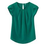 TASAMO Women's Blouses Casual Cap Sleeves Front Pleated Round Neck Keyhole Back Chiffon Dressy Top(Large, Dark Green)