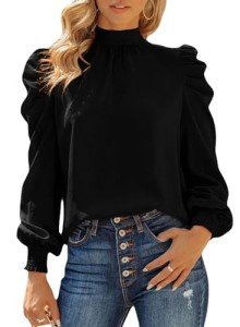 Dokotoo Womens 2023 Spring Summer Tops Mock Neck Long Puff Sleeve Tunic Top Fashion Casual Loose Shirts Turtleneck Chiffon Pullover Tops and Blouses for Women Black X-Large