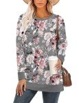ELF QUEEN Womens Pullover O Neck Shirts Long Sleeve Office Casual Blouses Tops-Grey Flower-3XL