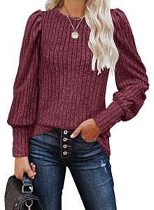 Owin Womens Sweaters Fall 2023 Trendy Pullover Tops Casual Round Neck Puff Long Sleeve Blouse T Shirts Wine Red M