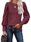 Owin Womens Sweaters Fall 2023 Trendy Pullover Tops Casual Round Neck Puff Long Sleeve Blouse T Shirts Wine Red M