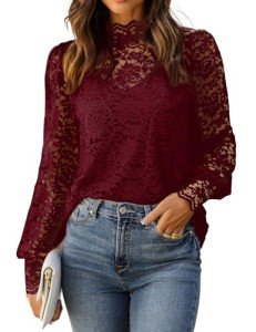 Hotouch Womens Blouses Dressy Casual Lace Top with Separable Camisole Lantern Long Sleeve Turtle Neck Shirt Dark Red L