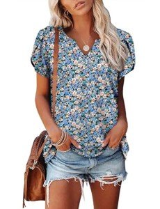 onlypuff Womens Tunic Tops Short Sleeve V Neck T-Shirt Pleated Fashion Summer Ruffle Blouse