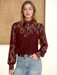 Hotouch Womens Blouses Dressy Casual Lace Top with Separable Camisole Lantern Long Sleeve Turtle Neck Shirt Dark Red L