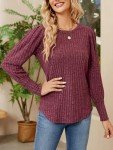Owin Womens Sweaters Fall 2023 Trendy Pullover Tops Casual Round Neck Puff Long Sleeve Blouse T Shirts Wine Red M