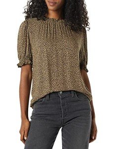 Amazon Essentials Women's Fluid Twill Short Puff Sleeve Smock Detail Shirt, Camel Cheetah, Large