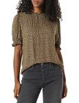 Amazon Essentials Women's Fluid Twill Short Puff Sleeve Smock Detail Shirt, Camel Cheetah, Large