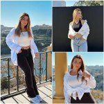 Hotouch White Button Down Shirt Women V Neck Collared Long Sleeve Casual Business Cotton Blouses Tops White L