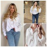 Hotouch White Button Down Shirt Women V Neck Collared Long Sleeve Casual Business Cotton Blouses Tops White L