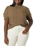 Amazon Essentials Women's Fluid Twill Short Puff Sleeve Smock Detail Shirt, Camel Cheetah, Large