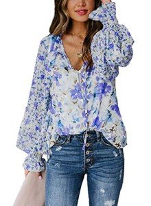 Women Shirts Boho Blouse Ladies Long Sleeve V Neck Boho Tops Plus Size Floral Printed Casual Drawstring Tops Loose Flowy Shirt Blue XX-Large