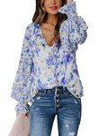 Women Shirts Boho Blouse Ladies Long Sleeve V Neck Boho Tops Plus Size Floral Printed Casual Drawstring Tops Loose Flowy Shirt Blue XX-Large