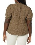Amazon Essentials Women's Fluid Twill Short Puff Sleeve Smock Detail Shirt, Camel Cheetah, Large