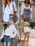 Hotouch White Button Down Shirt Women V Neck Collared Long Sleeve Casual Business Cotton Blouses Tops White L