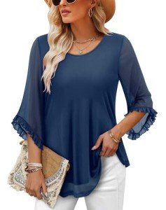 CHICZONE Blouse Womens Summer Double Layers Mesh Shirt 3/4 Sleeve Crew Neck Tunic Tops Ladies Loose Flowy Chiffon Fashion Elegant Dressy Top Navy Large