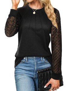 Blooming Jelly Women's Waffle Knit Tops Dressy Business Casual Blouses Elegant Black Lace Long Sleeve Work Shirts 2024 Fall Clothes (Medium,Black)