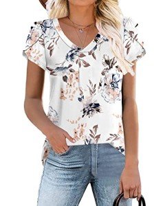 WNEEDU Women Top Summer T-Shirt 2024 Casual V Neck Petal Sleeve Blouses Loose Fit Tee Shirt Floral White M