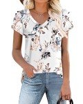 WNEEDU Women Top Summer T-Shirt 2024 Casual V Neck Petal Sleeve Blouses Loose Fit Tee Shirt Floral White M