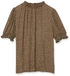 Amazon Essentials Women's Fluid Twill Short Puff Sleeve Smock Detail Shirt, Camel Cheetah, Large