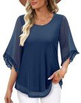 CHICZONE Blouse Womens Summer Double Layers Mesh Shirt 3/4 Sleeve Crew Neck Tunic Tops Ladies Loose Flowy Chiffon Fashion Elegant Dressy Top Navy Large