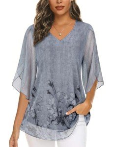Viracy Womens Overlap Ruffle Sleeve V Neck Mesh Blouse Elastic Loose Flowy Tunic Tops Light Grey