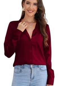 CBOO Women Elegant Satin Blouses Shirts, Soft Silk Shirts Top, Satin Button Down Shirts, Office Long Sleeve Blouse Shirt, #13 Dark Red, X-Large